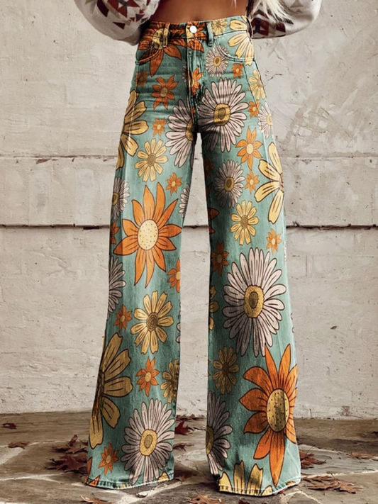 CIRILLA | Elegant Vintage Floral Pattern Wide-Leg Pants