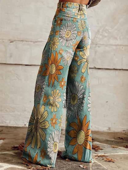 CIRILLA | Elegant Vintage Floral Pattern Wide-Leg Pants