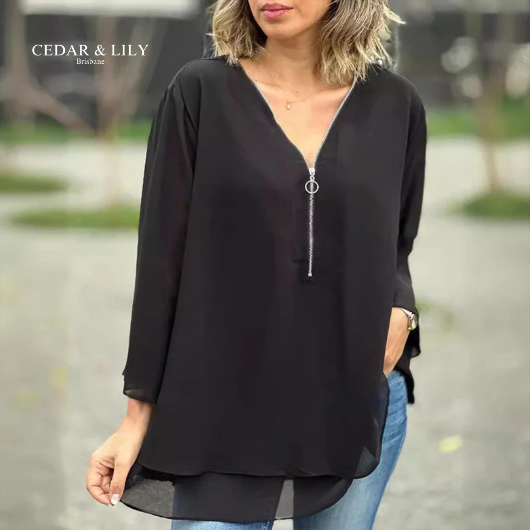 Chic Mia Zip V-Neck Blouse for Effortless Style