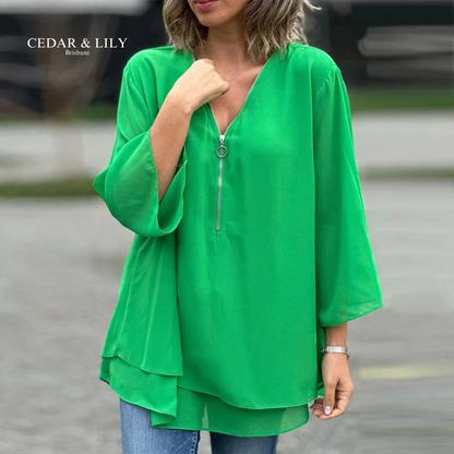 Chic Mia Zip V-Neck Blouse for Effortless Style