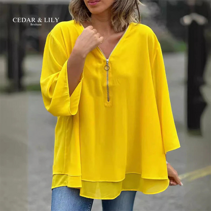 Chic Mia Zip V-Neck Blouse for Effortless Style