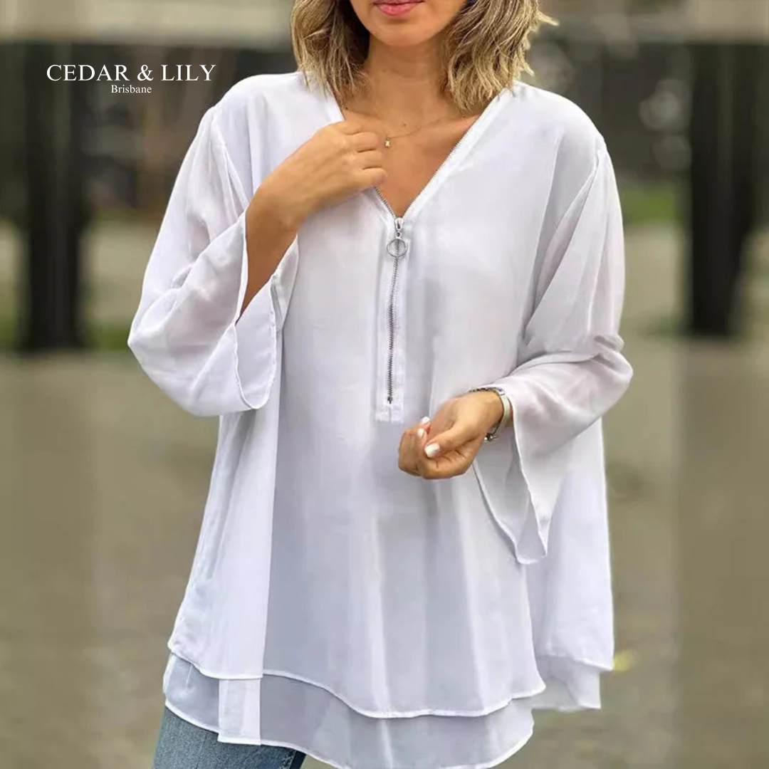 Chic Mia Zip V-Neck Blouse for Effortless Style