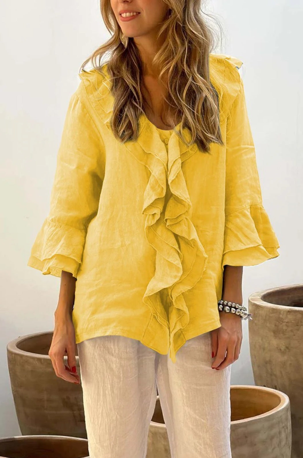 Chic Ruby Ruffled 3/4 Sleeve Blouse