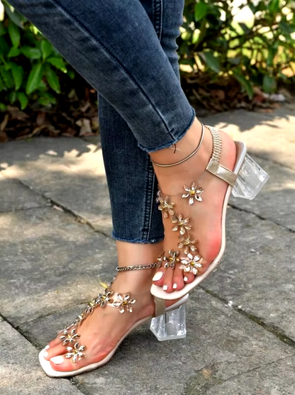 Verity™ | Glamorous Flower Rhinestone-Embellished Heel Sandals